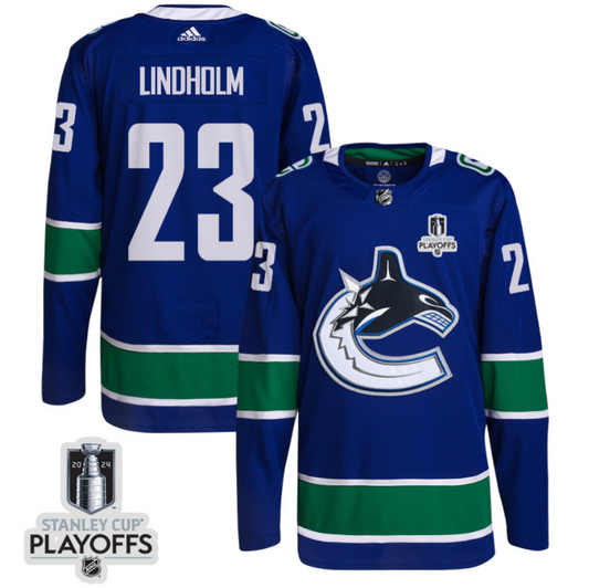 Elias Lindholm 23 Vancouver Canucks 2024 NHL Playoffs Patch Home Jersey - Men, Blue