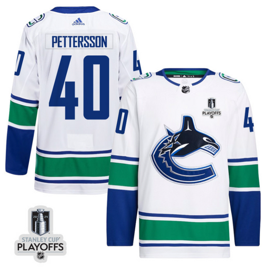 Elias Pettersson 40 Vancouver Canucks 2024 NHL Playoffs Patch Away Jersey - Men, White