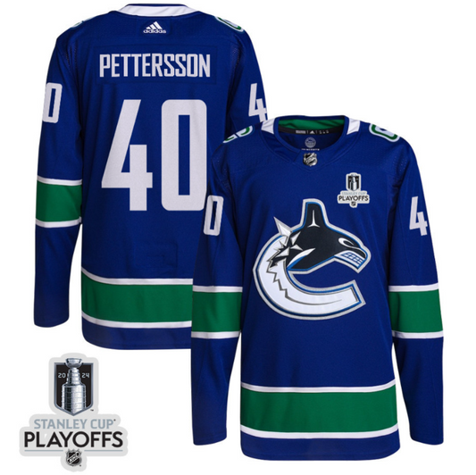 Elias Pettersson 40 Vancouver Canucks 2024 NHL Playoffs Patch Home Jersey - Men, Blue