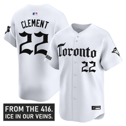 Ernie Clement Jersey #22 Toronto Blue Jays Gothic North Edition Stitched White