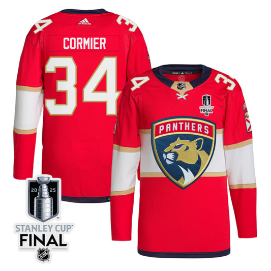 Evan Cormier 34 Florida Panthers 2025 STANLEY CUP Final Patch Home Men Jersey Red