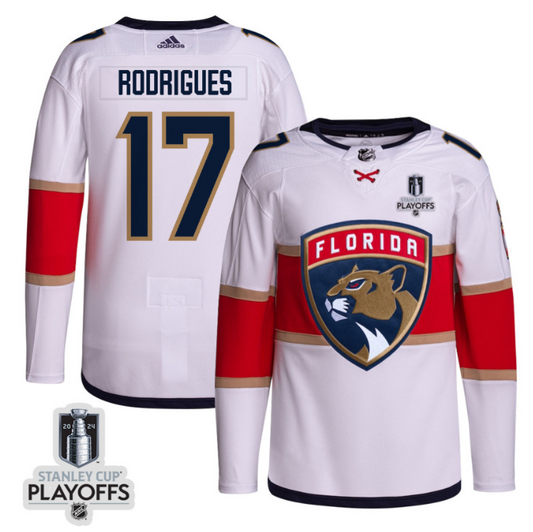 Evan Rodrigues 17 Florida Panthers 2024 NHL Playoffs Patch Away Jersey Customized - Men, White