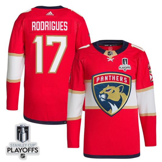 Evan Rodrigues 17 Florida Panthers 2024 NHL Playoffs Patch Home Jersey - Men, Red