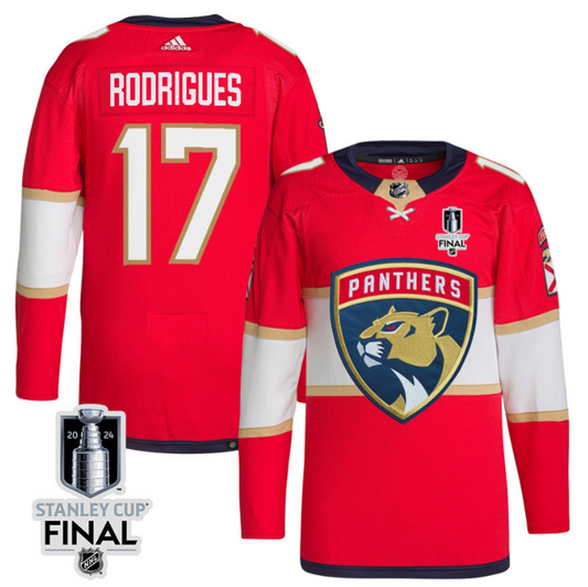 Evan Rodrigues 17 Florida Panthers 2024 STANLEY CUP Final Home Breakaway Jersey Men, Red