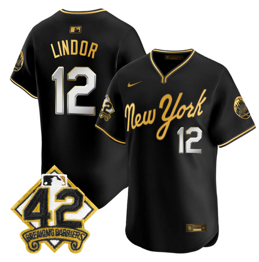 Francisco Lindor Jersey #12 New York Mets 2025 Jackie Robinson Patch Alternate Stitched Black Gold