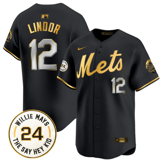 Francisco Lindor Jersey #12 Mets Willie Mays Patch Vapor Premier Limited Stitched Black Gold