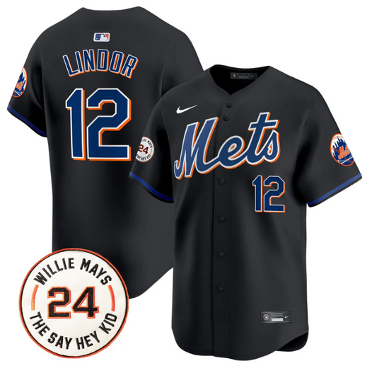 Francisco Lindor Jersey #12 Mets Willie Mays Patch Vapor Premier Limited Stitched Black
