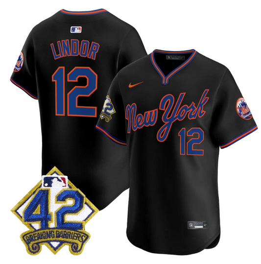Francisco Lindor Jersey #12 New York Mets 2025 Jackie Robinson Patch Alternate Stitched Black