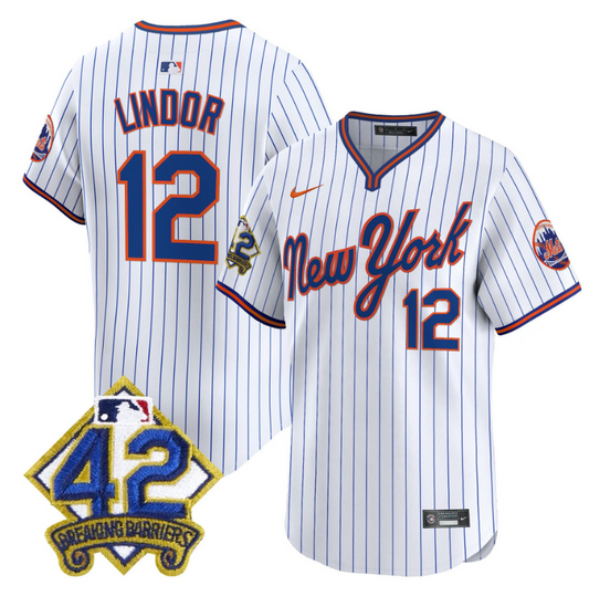 Francisco Lindor Jersey #12 New York Mets 2025 Jackie Robinson Patch Alternate Stitched Pinstripe