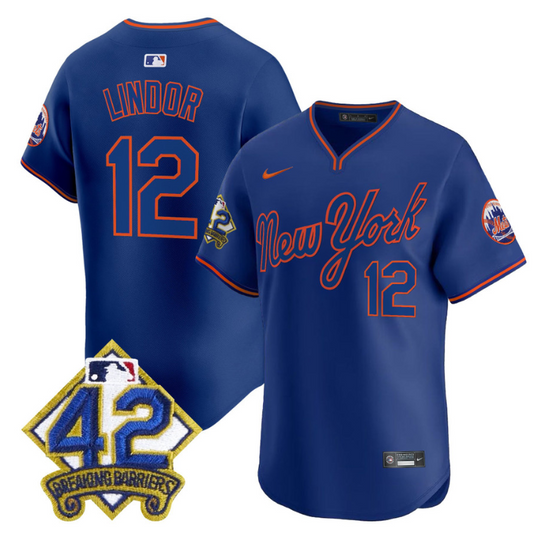 Francisco Lindor Jersey #12 New York Mets 2025 Jackie Robinson Patch Alternate Stitched Royal