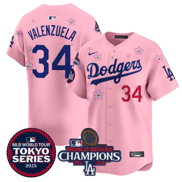 Fernando Valenzuela Jersey #34 Dodgers Tokyo Series 2025 World Series Champions Patch Cherry Blossom