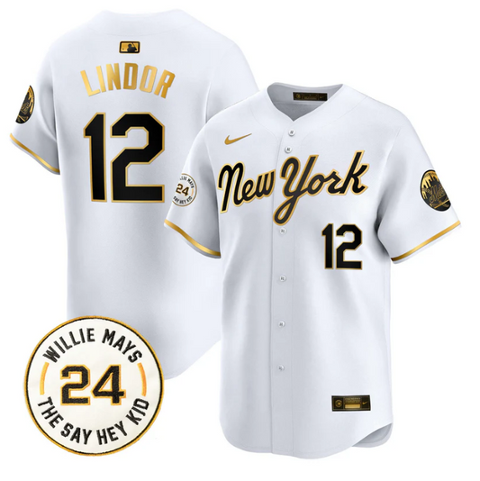 Francisco Lindor Jersey #12 Mets Willie Mays Patch Vapor Premier Limited Stitched New York Gold