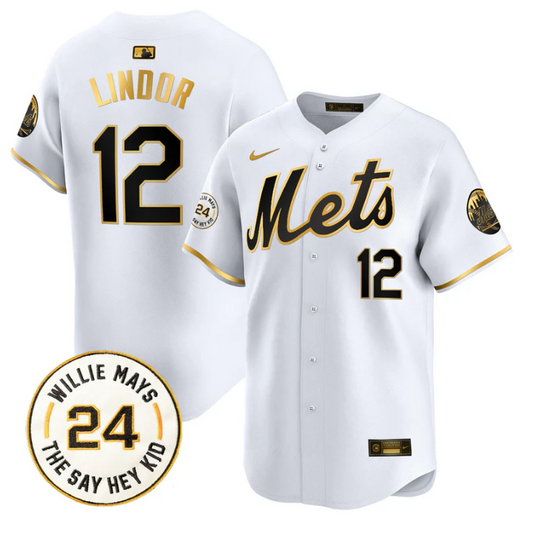 Francisco Lindor Jersey #12 Mets Willie Mays Patch Vapor Premier Limited Stitched White Gold