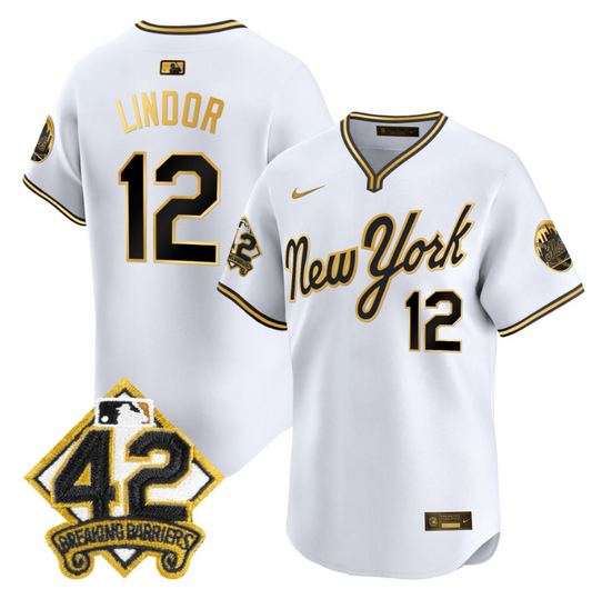 Francisco Lindor Jersey #12 New York Mets 2025 Jackie Robinson Patch Alternate Stitched White Gold