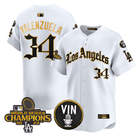 Fernando Valenzuela Jersey #34 Dodgers 2025 LA Gothic Style Stitched White Gold