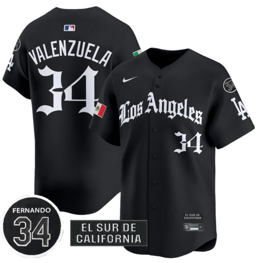 Fernando Valenzuela Jersey #34 Dodgers Mexico 2025 LA Gothic Style Patch Limited Stitched Black