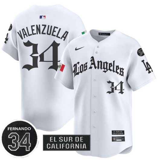 Fernando Valenzuela Jersey #34 Dodgers Mexico 2025 LA Gothic Style Patch Limited Stitched White