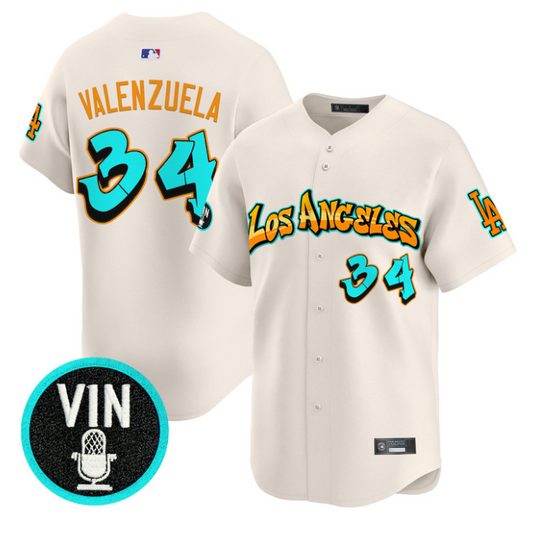 Fernando Valenzuela Jersey #34 Los Angeles Dodgers Graffiti Street Style Cream