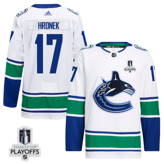 Filip Hronek 17 Vancouver Canucks 2024 NHL Playoffs Patch Away Jersey - Men, White