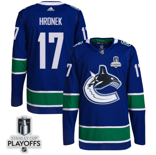 Filip Hronek 17 Vancouver Canucks 2024 NHL Playoffs Patch Home Jersey - Men, Blue