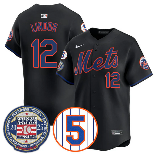 Francisco Lindor Jersey #12 New York Mets Hall of Fame Gold Stitched Black