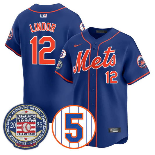 Francisco Lindor Jersey #12 New York Mets Hall of Fame Gold Stitched Royal
