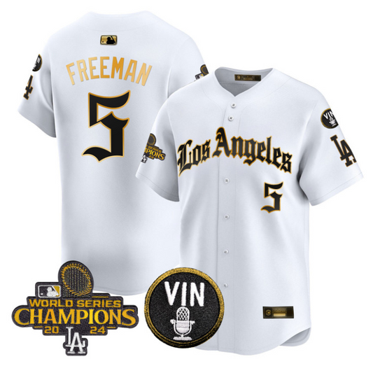 Freddie Freeman Jersey #5 Dodgers 2025 LA Gothic Style Stitched White Gold