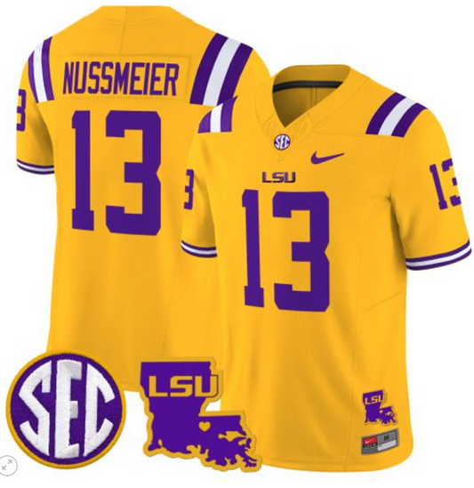 Garrett Nussmeier Jersey #13 LSU Tigers 2024 Louisiana Patch Vapor Limited College Football Stitched Gold