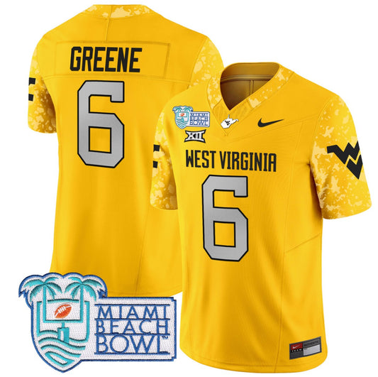 Garrett Greene Jersey #6 West Virginia Mountaineers 2025 Miami Beach Bowl Gold