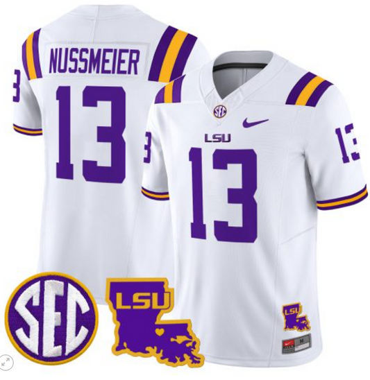 Garrett Nussmeier Jersey #13 LSU Tigers 2024 Louisiana Patch Vapor Limited College Football Stitched White