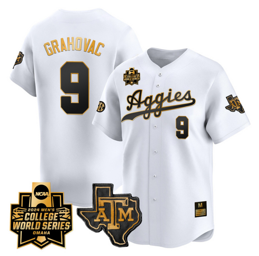 Gavin Grahovac Jersey #9 Texas AM Aggies 2024 College World Series Vapor Premier Limited NCAA Baseball Stitched White Gold