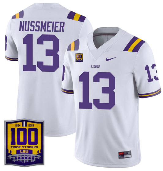 Garrett Nussmeier Jersey #13 LSU Tigers 100 Years of Tiger Stadium Patch White