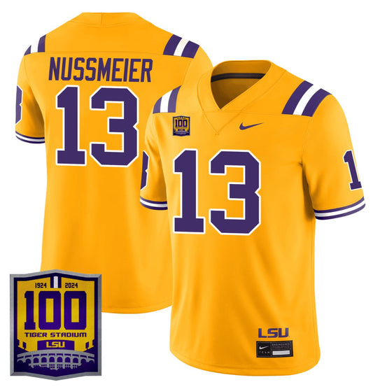 Garrett Nussmeier Jersey #13 LSU Tigers 100 Years of Tiger Stadium Patch Gold