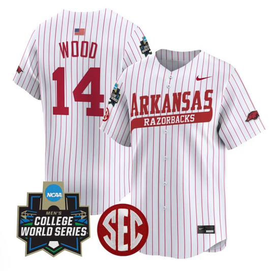 Gage Wood Jersey #14 Arkansas Razorbacks 2025 World Series Stitched Pinstripe