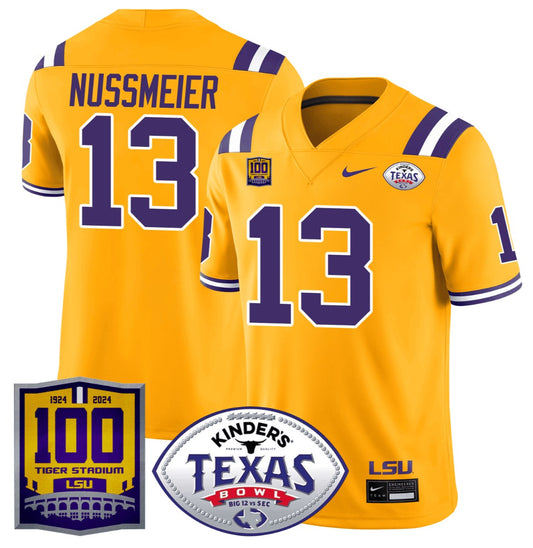 Garrett Nussmeier Jersey #13 LSU Tigers Texas Bowl Patch Football Gold