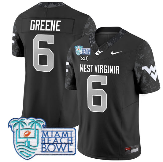 Garrett Greene Jersey #6 West Virginia Mountaineers 2025 Miami Beach Bowl Coal