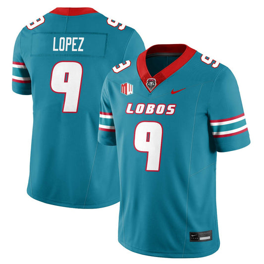 Gabriel Lopez Jersey #9 UNM Lobo Football 2025 All Stitched Turquoise