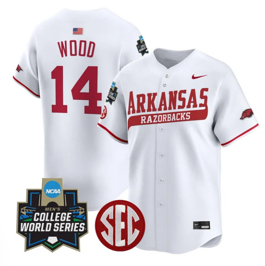 Gage Wood Jersey #14 Arkansas Razorbacks 2025 World Series Stitched White