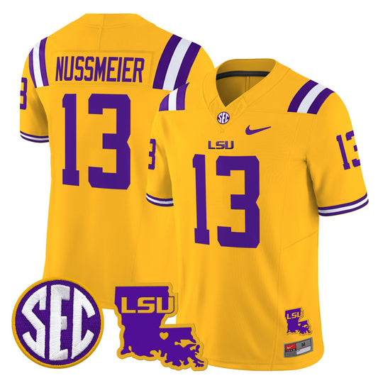 Garrett Nussmeier Jersey #13 LSU Tigers 2025 Louisiana Patch Stitched Gold