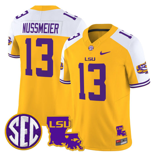 Garrett Nussmeier Jersey #13 LSU Tigers 2025 Louisiana Patch Stitched Gold Alter