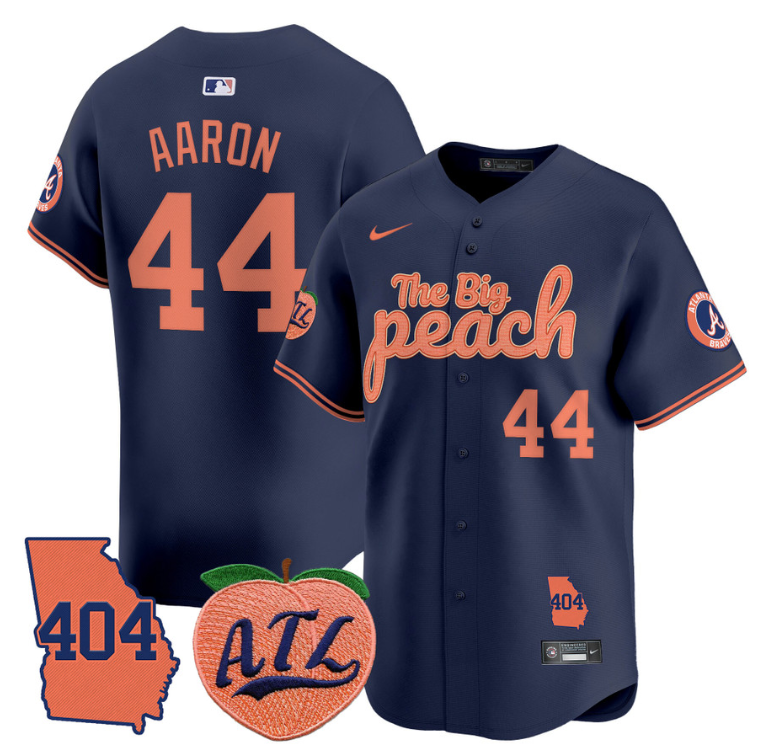 Hank Aaron Jersey #44 Atlanta Braves 404 & The Big Peach Premier Limited Stitched Navy