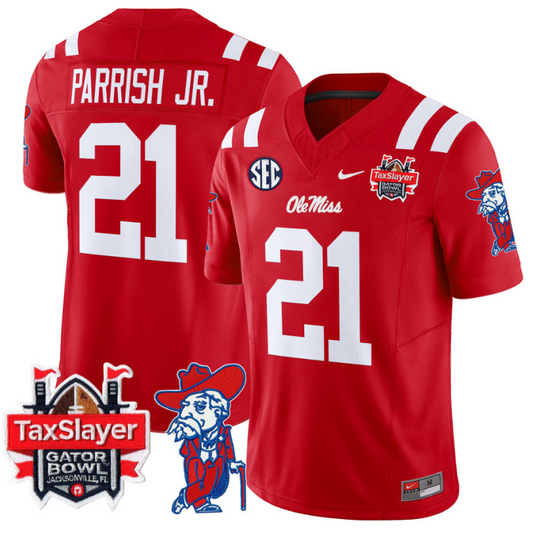 Henry Parrish Jr Jersey #21 Ole Miss Rebels 2025 Gator Bowl Patch Red