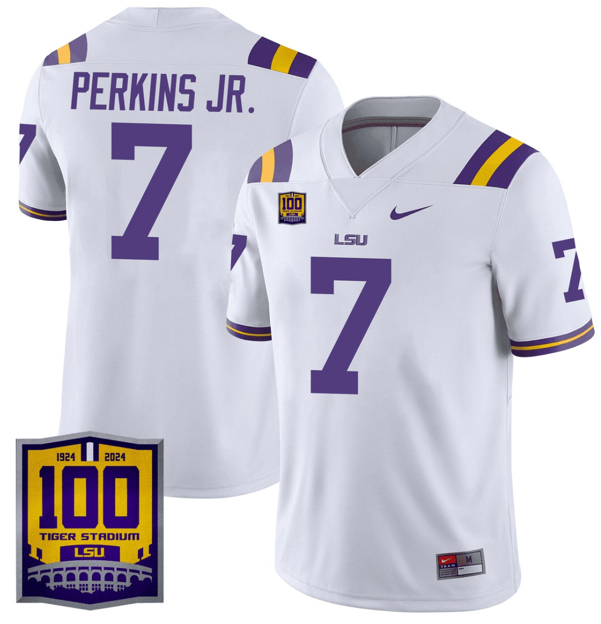 Harold Perkins Jr Jersey #7 LSU Tigers 100 Years of Tiger Stadium Patch White