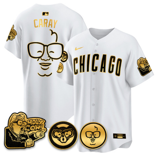 Harry Caray Jersey Chicago Cubs Harry Caray Holy Cow Patch Premier Limited Stitched White Gold