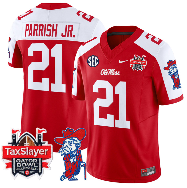 Henry Parrish Jr Jersey #21 Ole Miss Rebels 2025 Gator Bowl Patch Red Alternate