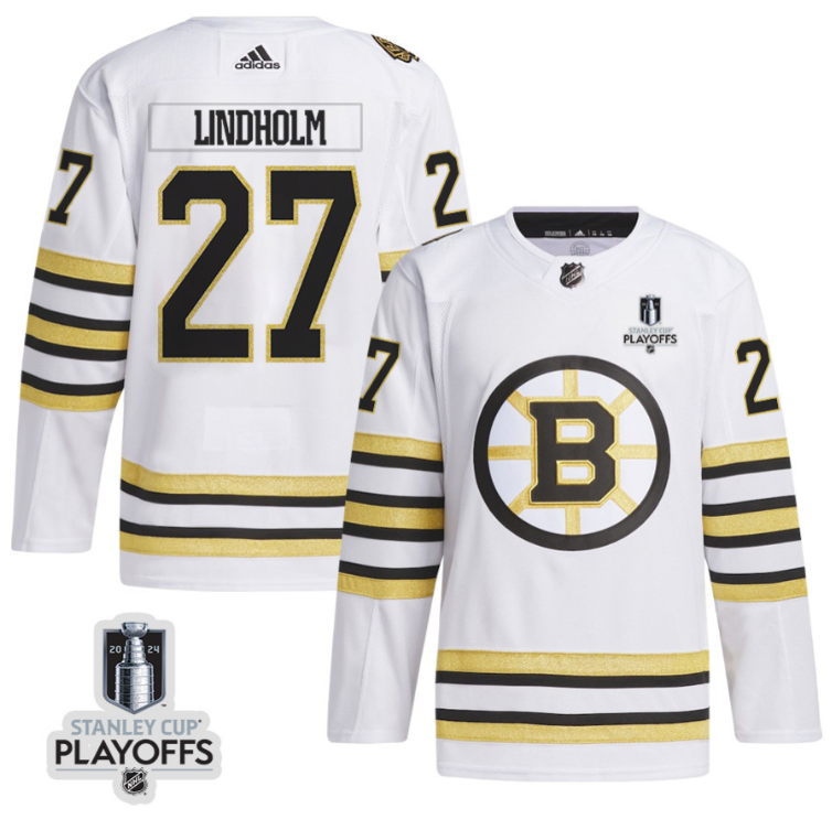 Hampus Lindholm 27 Boston Bruins 2024 NHL Playoffs Patch Away Jersey - Men, White