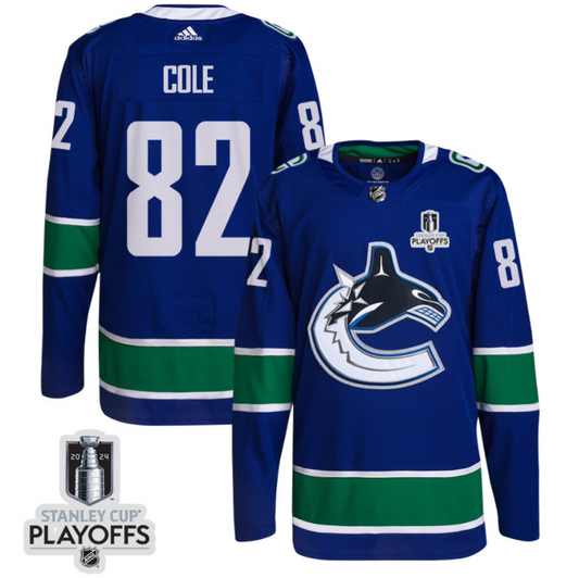Ian Cole 82 Vancouver Canucks 2024 NHL Playoffs Patch Home Jersey - Men, Blue