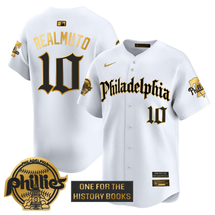 J.T.Realmuto Jersey #10 Phillies Retro Newspaper Edition Gold Vapor Premier Stitched White Gold