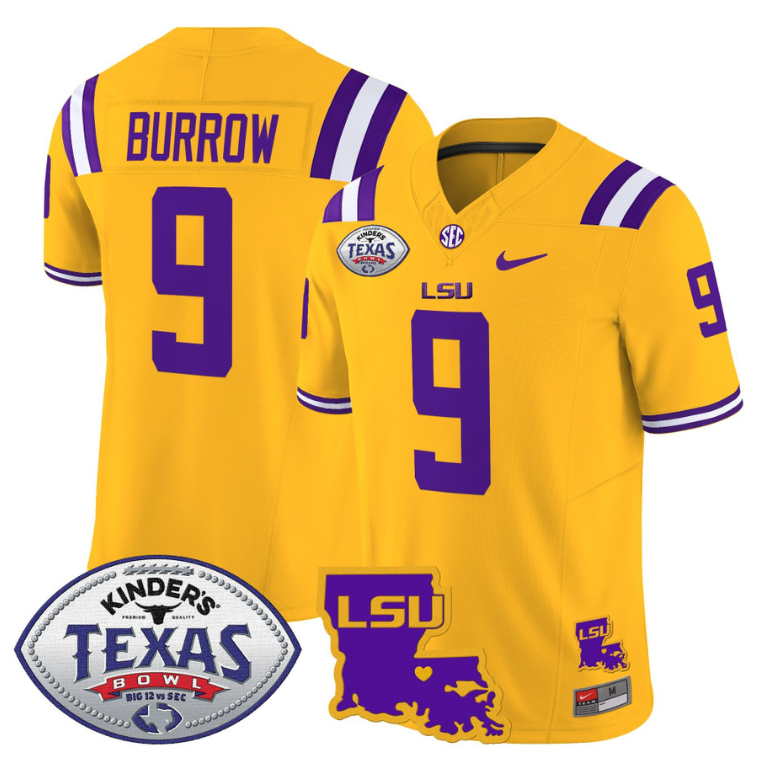 Joe Burrow Jersey #9 LSU Tigers 2024 Texas Bowl Patch Football Stitched Gold