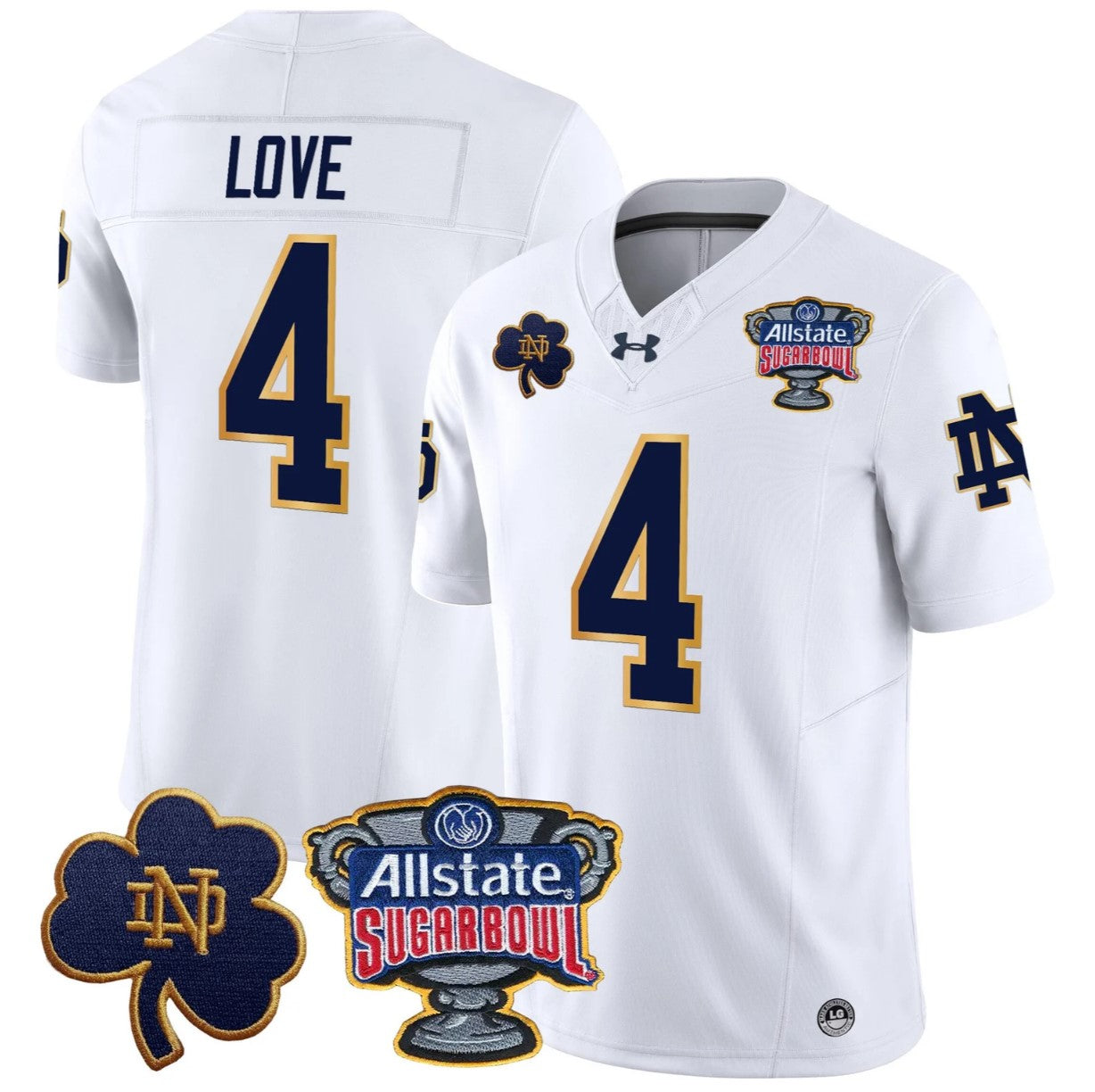 Jeremiyah Love Jersey #4 Notre Dame 2024 Sugar Bowl Patch V2 Stitched White
